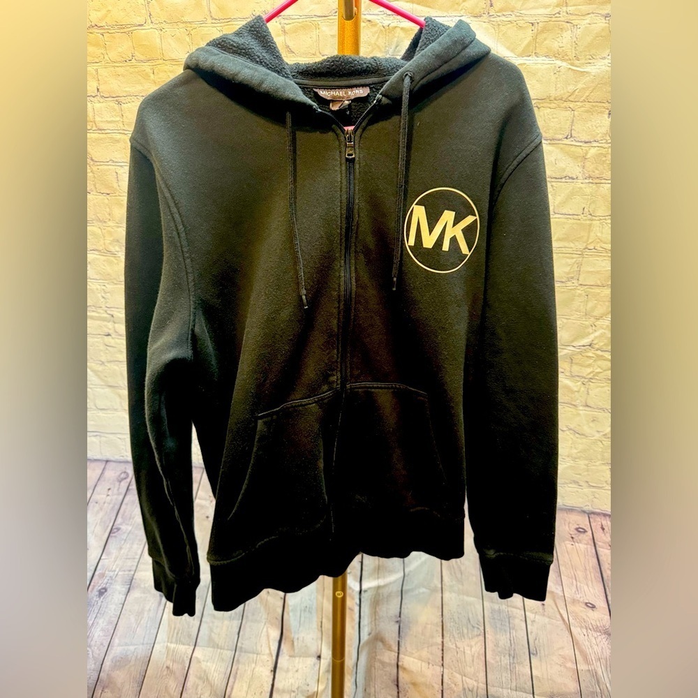 MICHAEL KORS MK LOGO BLACK ZIP UP HOODIE SIZE LARGE